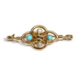 A Turquoise and Pearl Brooch, a central quatrefoil knot motif set with two turquoise and two seed