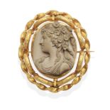 A Lava Cameo Brooch, carved in high relief with the bust of Flora, in a fancy rope frame, with a