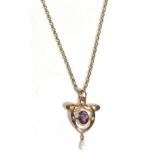 An Art Nouveau Amethyst and Pearl Necklace, an oval cut amethyst in a rubbed over setting, to an