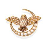 A Seed Pearl Owl and Crescent Brooch, modelled with outstretched wings and ruby set eyes, within a