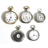 Four White Metal Pocket Watches, Gold Plated Pocket Watch and a Lady's Fob Watch, case stamped 9k (