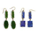 A Pair of Lapis Lazuli Earrings, a rectangular lapis lazuli plaque in a claw setting, suspending a