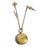 A Lady's Fob Watch, circa 1890, cylinder movement, gold coloured dial with Roman numerals, case with