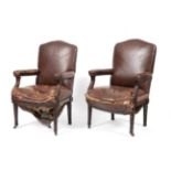 A Pair of 19th Century Carved Mahogany Library Armchairs, in the manner of Gillows, recovered in