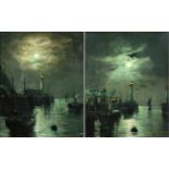 Walter Linsley Meegan (1859-1944) Harbour scene by moonlight Signed, oil on canvas, together with