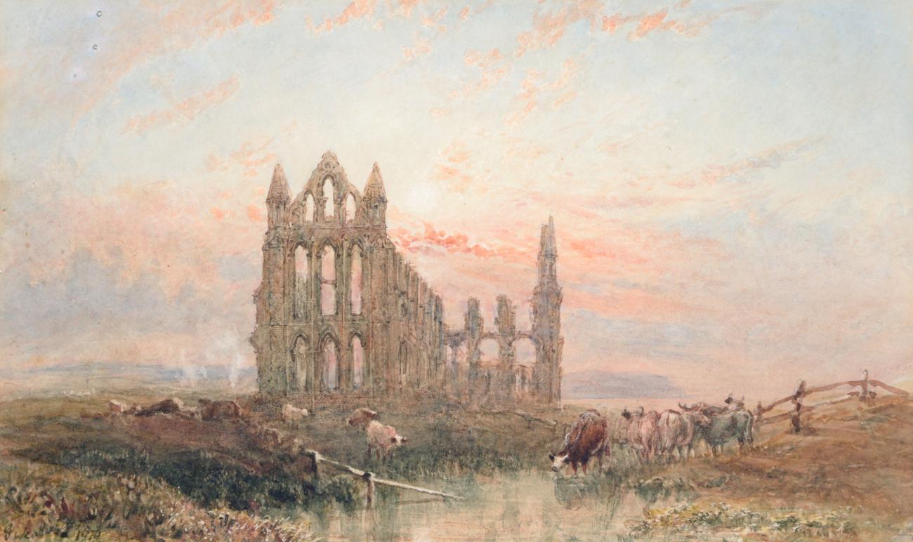 George Weatherill (1810-1890) Cattle watering before Whitby Abbey Signed and indistinctly dated