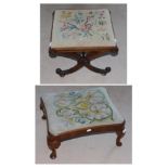 A Victorian Rosewood X Frame Stool, circa 1870, with floral woolwork seat, raised on a scrolled