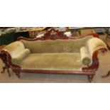 A Victorian Carved Mahogany Scroll End Settee, 3rd quarter 19th century, covered in floral cut