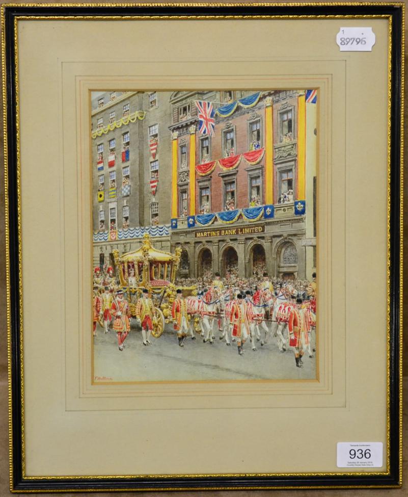 Fortunino Matania RI (1881-1963) Italian Coronation Procession before Martins Bank Limited Signed,