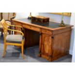 A Late 19th Century Continental Satin Birch and Ebonised Double Pedestal Biedermeier Style Desk, the