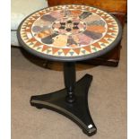 A Pietra Dura Marble Specimen Circular Tripod Table, with geometric border and central panel in