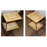 A Pair of Brass Two-Tier Side Tables, 20th century, of rectangular form with plate glass tops,