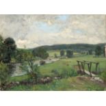 Reginald Grange Brundrit RA, ROI (1883-1960) Dales landscape with footbridge in foreground Signed,