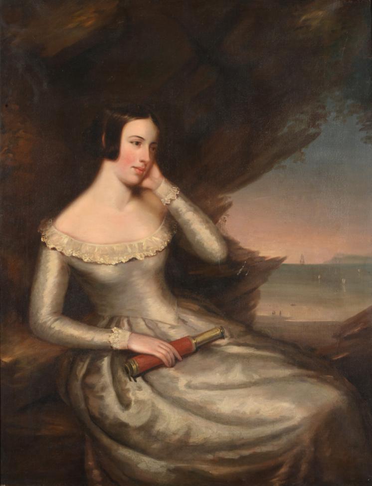 British School (19th century) Portrait of an elegant lady, three-quarter length seated, wearing a