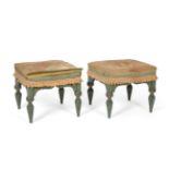 A Pair of Victorian Green Painted and Parcel Gilt Stools, in the manner of Pugin, with floral