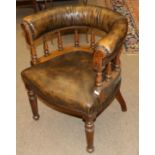 A Late Victorian Oak Tub Shaped Armchair, stamped CB, late 19th century, recovered in close-nailed