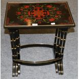 A Set of Three Japanned and Parcel Gilt Nesting Tables, 20th century, each decorated with painted