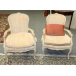 A Pair of Louis XV Style Cream Painted Fauteuils, 19th century, recovered in gathered velvet, with