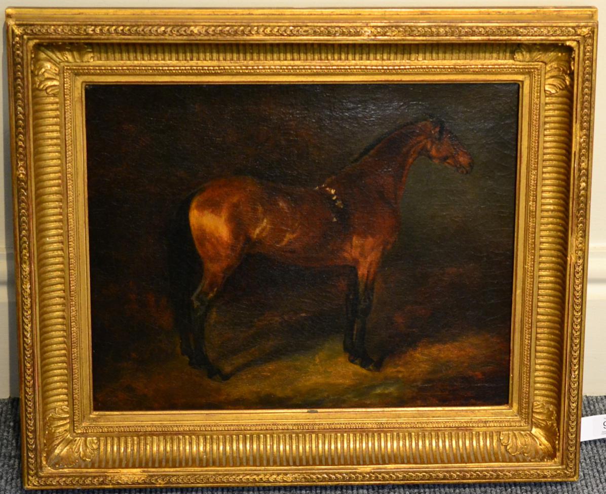 Follower of Ferdinand Victor Eugène Delacroix (1798-1863) French Bay horse standing in a stable