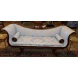 A Regency Rosewood and Brass Mounted Scroll End Sofa, early 19th century, recovered in duck egg blue