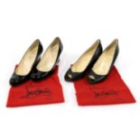 Pair of Christian Louboutin Black Leather Peep-Toe Low Wedges / Shoes, with signature red outsole (