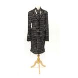 Chanel Black, White, Grey and Red Boucle Two Piece Suit, comprising jacket / blazer with fringed