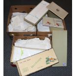 Assorted White Linen and Textiles, Crochet Edged Table Linen, Irish linen sheets in original boxes