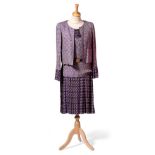 Chanel Purple Rayon/Wool and Silk Purple Two Piece Ensemble, comprising sleeveless day dress, the