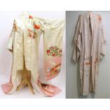 20th Century Marriage Robe and a Circa 1940s Silk Kimono, self striped of floral design (2)