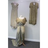 Early 1900s Sleeveless Shift Dress in silk georgette, woven with a floral design in gold and