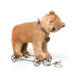 Circa 1930 Schuco Yellow Plush Bear on Wheels, with jointed head, stitched nose and claws, boot