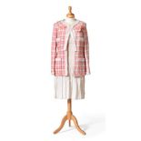 Chanel Boucle Two Piece Ensemble, comprising pink, white and beige checked jacket with four patch