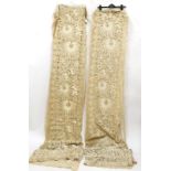 Pair of Late 19th Century French Cornelli Work Lace Appliqué Curtains, with large bold stump work