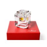 Circa 1990 Baccarat Clear Glass Scent Bottle Holder, of cube form on square base, with hinged