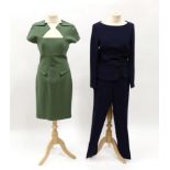 Roland Mouret 'Martha' Khaki Green Wool Crepe Pencil Dress, the triangular neckline met by folded