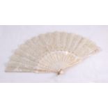 Mid 19th Century Brussels Lace Fan, on mother of pearl intricately carved sticks and guards, lace