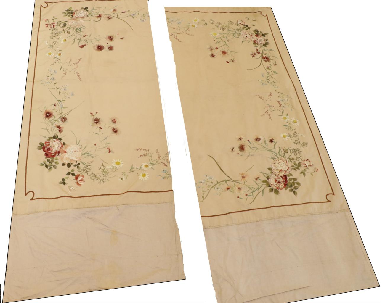 Pair of Silk Embroidered Panels/Pelmets of Floral Design, with roses, daisies, chrysanthemums in