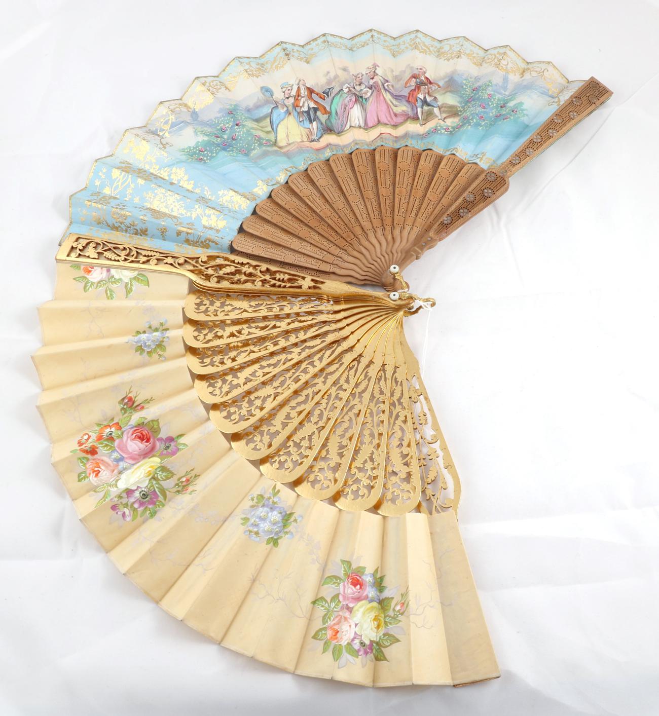 Early 20th Century Carved Gilt Wood Fan, with pierced sticks and guards, cream silk leaf mount