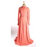 Mid 1970s Ossie Clark for Radley candy pink moss crepe maxi dress, labelled, button-fronted, long