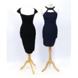 Herve Leger Navy Blue Bandage Mini Dress, with letter box neckline, hook and eye fastening above a