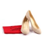 Pair of Christian Louboutin Grey/Beige Suede Pumps, with silver-tone spike low heel and signature