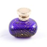 Carlo Moretti for Bulgari Murano Blue Glass Scent Bottle with Gold Speckles and Silver Top,