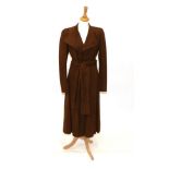 Yves Saint Laurent Brown Suede Leather Belted Long Jacket, with lapel collar and lined in brown silk