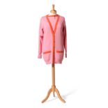 Chanel Boutique Candy Pink Wool Long Line Cardigan, coral trim to neckline and patch pockets,