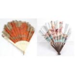 A 1920s Fontange Shape Bone Fan, with orange silk leaf trimmed with gold metallic lace, and