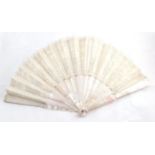 Circa 1880-1900 Brussels Lace Fan, on pink mother of pearl sticks and guards, lace leaf is mainly