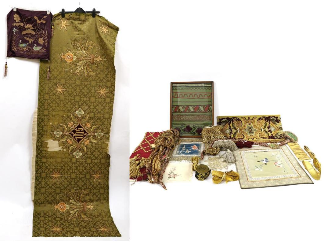 Assorted Embroidery and Haberdashery, including an ecclesiastical panel, worked on green silk