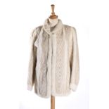 White Mink Jacket, with chevron design and white rabbit fur trim and side pockets