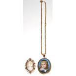 A porcelain pendant, painted with the bust of a young boy, in a rope frame, to a fancy curb link