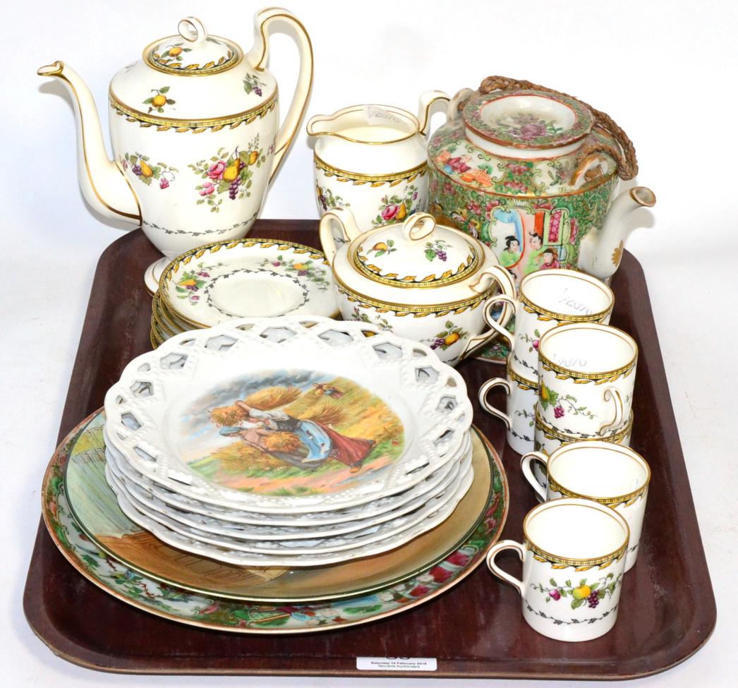 A Canton famille rose wine pot and plate; an Aynsley coffee set; Royal Doulton Shylock plate and